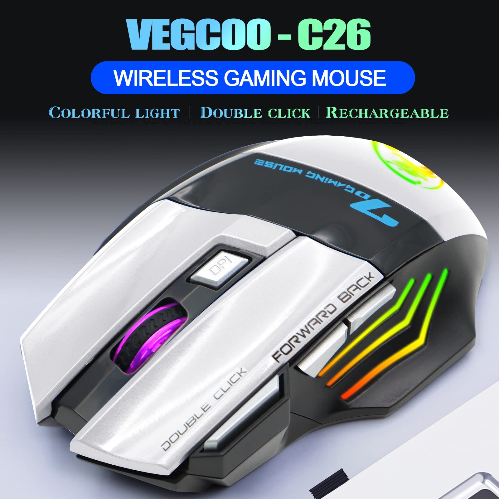 VEGCOO Wireless Gaming Mouse, Rechargeable Silent Wireless Mouse with 4800 DPI Adjustable,Double Click Key, Colorful RGB Lights, Computer Mice with Thumb Rest for PC/Mac Gamer (C26 White)