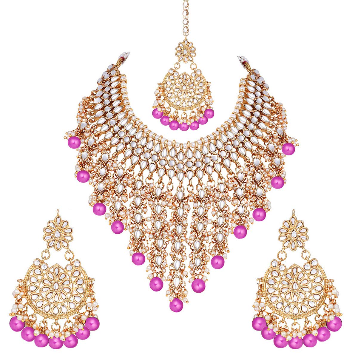 Aheli Elegant Indian Wedding Wear Faux Kundan Studded Choker Necklace with Maang Tikka Set Ethnic Fashion Jewelry for Women (Rani Pink Kundan & Pearl Drop)
