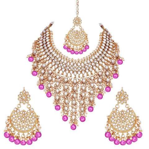 Aheli Elegant Indian Wedding Wear Faux Kundan Studded Choker Necklace with Maang Tikka Set Ethnic Fashion Jewelry for Women (Rani Pink Kundan & Pearl Drop)