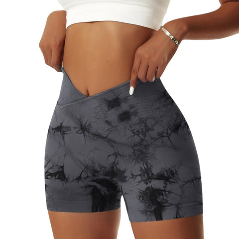 Vertvie Women's Workout Gym Shorts Booty V Cross Spandex Yoga Biker Shorts Scrunch Butt High Waisted Athletic Leggings (Tie Dye Black, Medium)