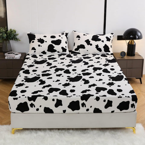 Damier Winter Fitted Sheet 120 x 200 cm Black White Cow Pattern Fluffy Warm Velvet Bed Sheet Cashmere Touch Plush Fitted Sheet Suitable for 30 cm Mattress