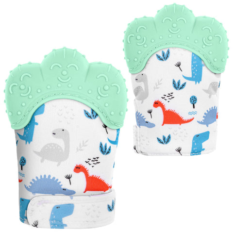 Vicloon Baby Teething Set, 2 Pack Teething Mittens for Baby, Includes 2 Silicone Mitten Teether Glove,Dinosaur Teething Glove, Infant Soothing Pain Relief Mitt Baby Teether Mits for Baby