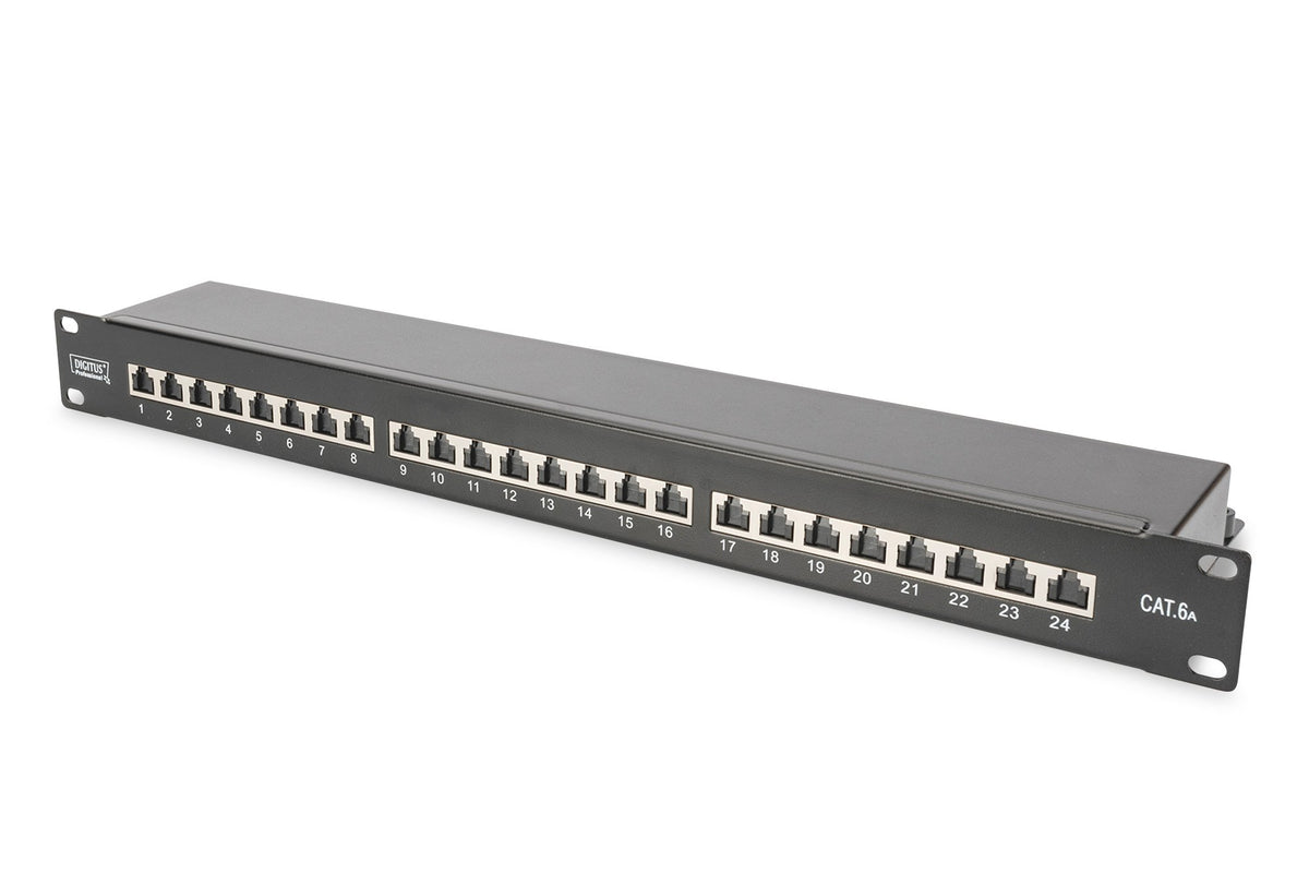 DIGITUS patch panel - 19-inch - Cat-6A - 24-port RJ45 - shielded - LSA patch field - 1U rack mounting - black