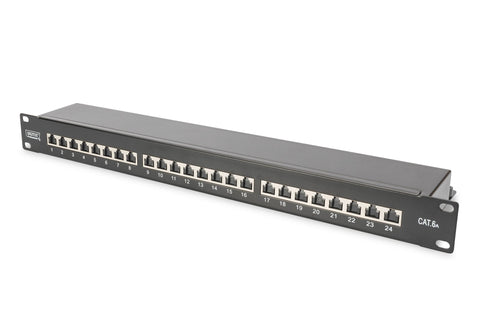 DIGITUS patch panel - 19-inch - Cat-6A - 24-port RJ45 - shielded - LSA patch field - 1U rack mounting - black