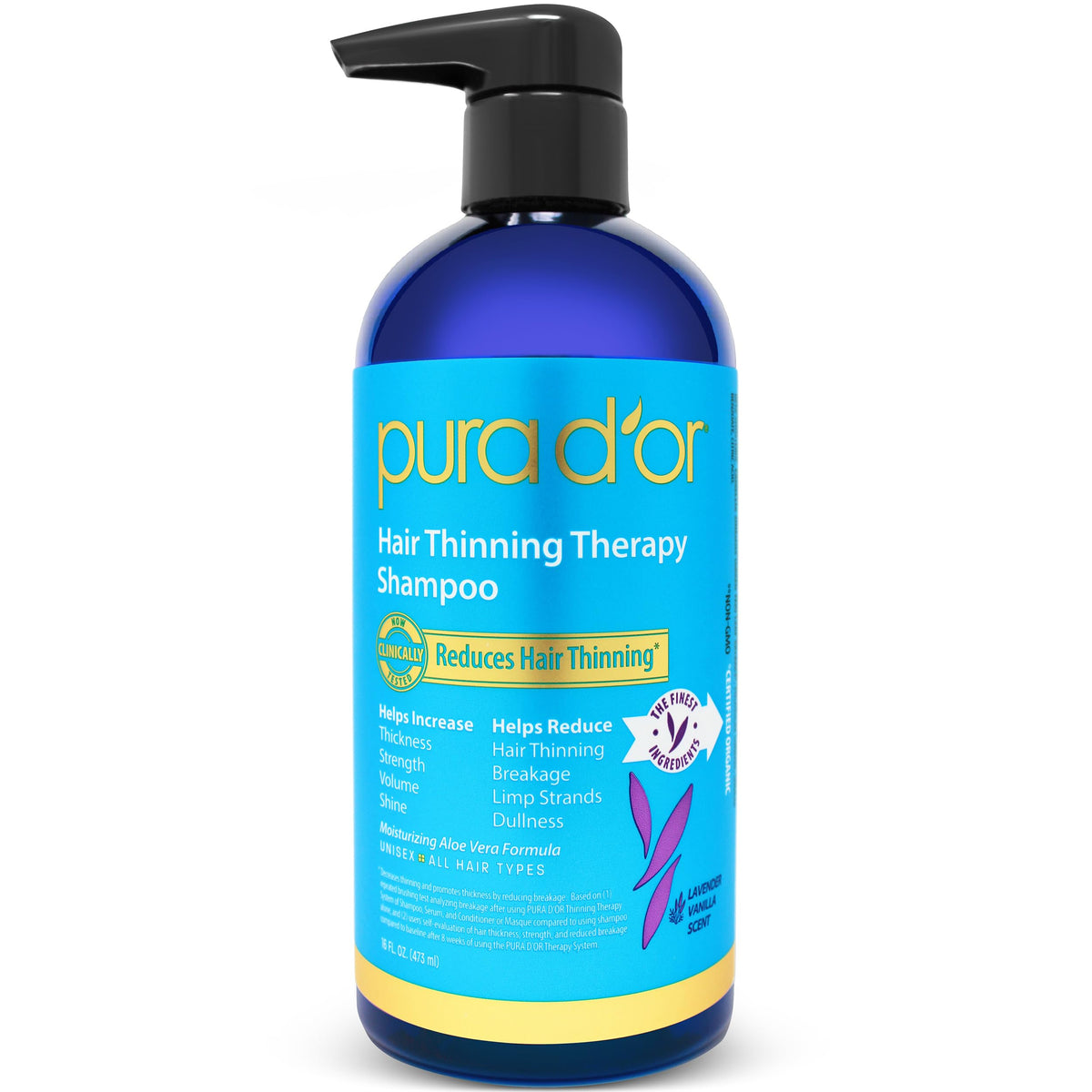 PURA D'OR 16 Oz Hair Thinning Therapy Biotin Shampoo LAVENDER VANILLA Scent - CLINICALLY TESTED Proven Results, Herbal DHT Blocker Hair Thickening Products For Women & Men, Color Safe Routine Shampoo