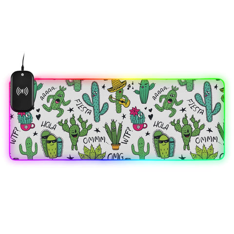 Cute Cactus Wireless Charging Mouse Pad for Mobile Phone Extra Large Gaming Mousepad with 13 Lighting Modes Keyboard Mat for Office Home Gaming MacBook PC Laptop Desk