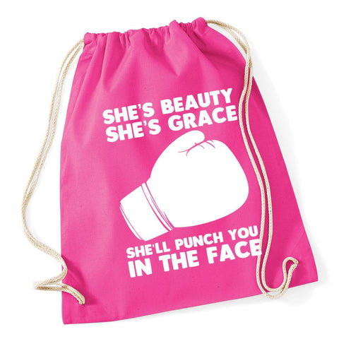 Hippowarehouse she's beauty she's grace she will punch you in the face Drawstring Cotton School Gym Kid Bag Sack 37cm x 46cm, 12 litres