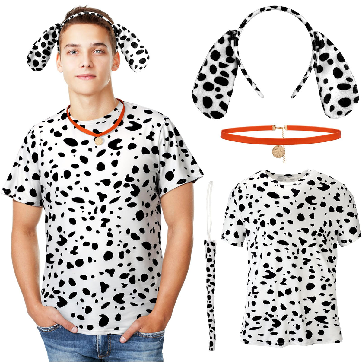 Toulite 4 Pcs Dog Dalmatian Costume for Adult Include Shirt Leather Collar Dog Ears Headband Tail Halloween Cosplay Party, Orange, XL