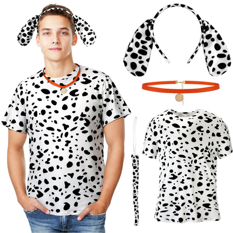 Toulite 4 Pcs Dog Dalmatian Costume for Adult Include Shirt Leather Collar Dog Ears Headband Tail Halloween Cosplay Party, Orange, XL