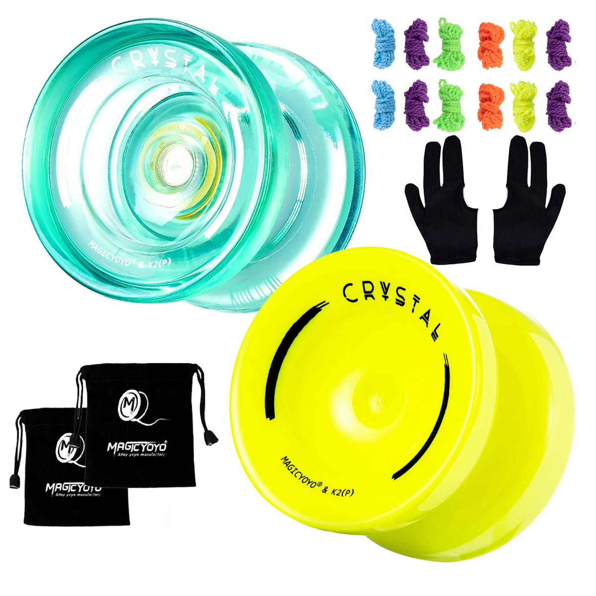 MAGICYOYO K2 Responsive Yoyo for Kids Beginners Yo-Yo with 2 Yoyo Gloves, 2 Yoyo Bags, 12 Yoyo Strings (Crystal Green+Yellow)