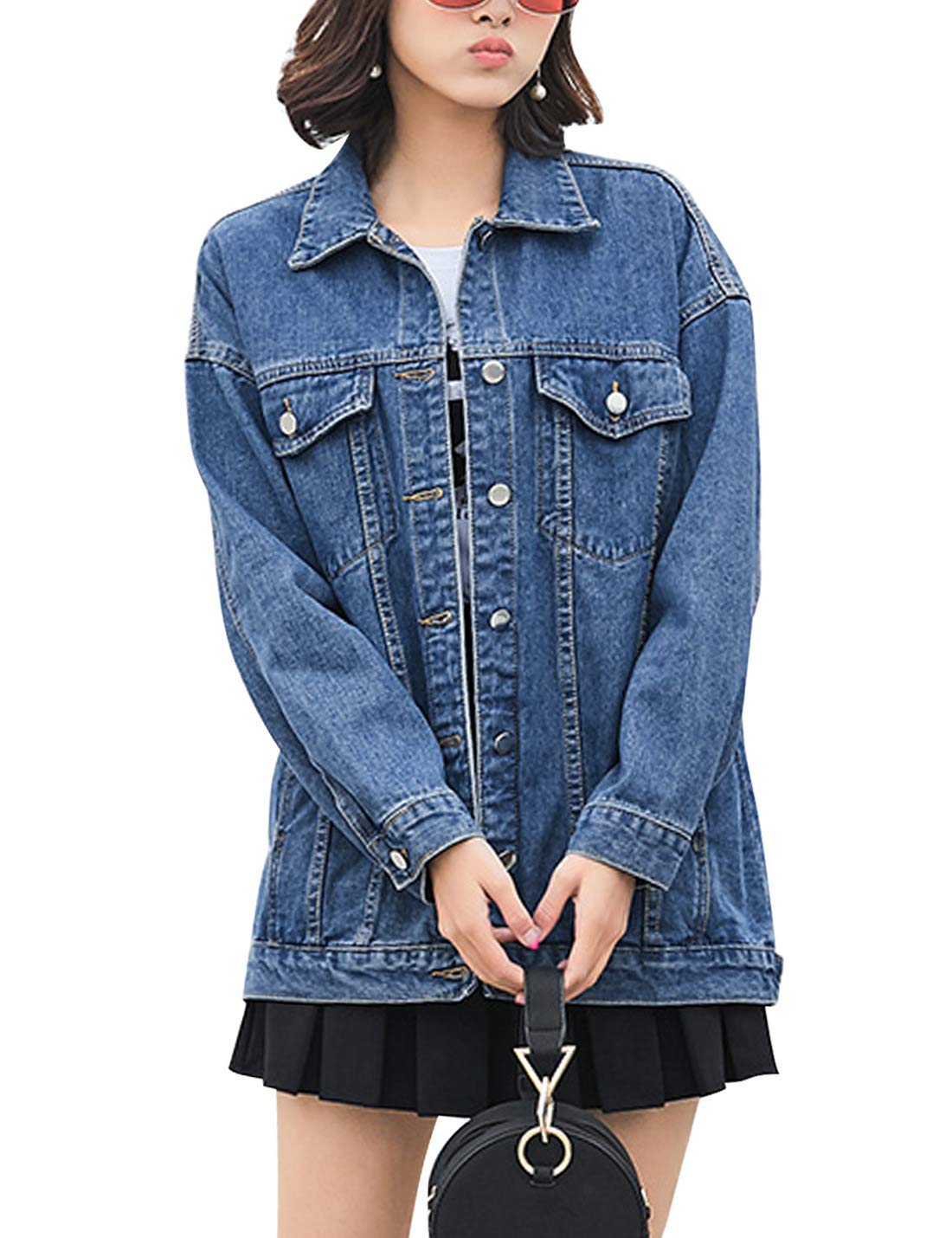 QIBABU Women Mid Long Denim Jacket Trucker Biker Oversized Distressed Jean Jackets (0855-DarkBlue-XL-QB)