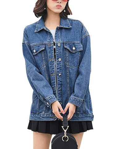 QIBABU Women Mid Long Denim Jacket Trucker Biker Oversized Distressed Jean Jackets (0855-DarkBlue-XL-QB)