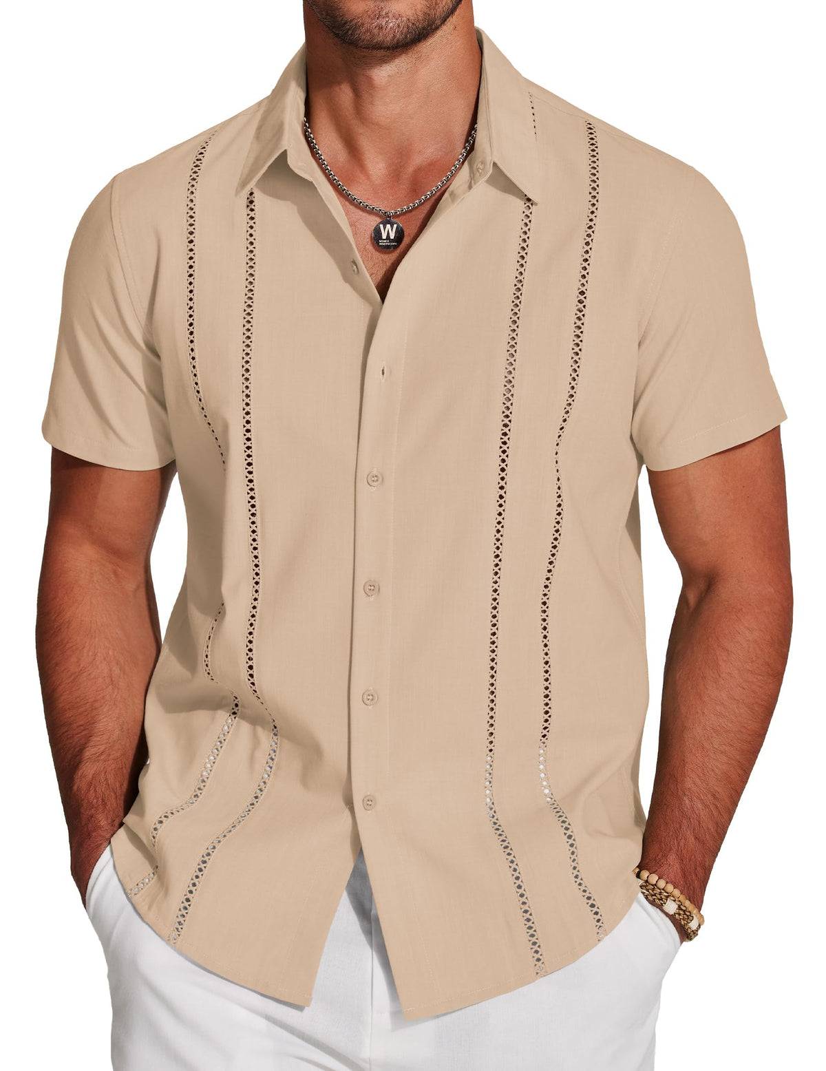 COOFANDY Mens Short Sleeve Button Up Shirts Relaxed Fit Tropical Shirt Beach Wedding Shirts Dark Khaki