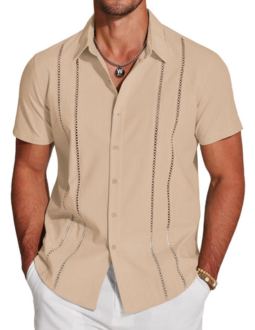 COOFANDY Mens Short Sleeve Button Up Shirts Relaxed Fit Tropical Shirt Beach Wedding Shirts Dark Khaki