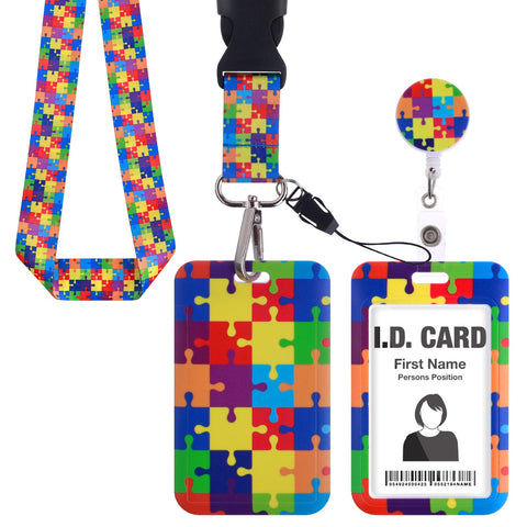 Amaxiu Colorful Puzzle Badge Holders with Breakaway Lanyard, Autism Awareness Retractable ID Card Holder Badge Reel Heavy Duty Credit Card Protector with Soft Badge Lanyards