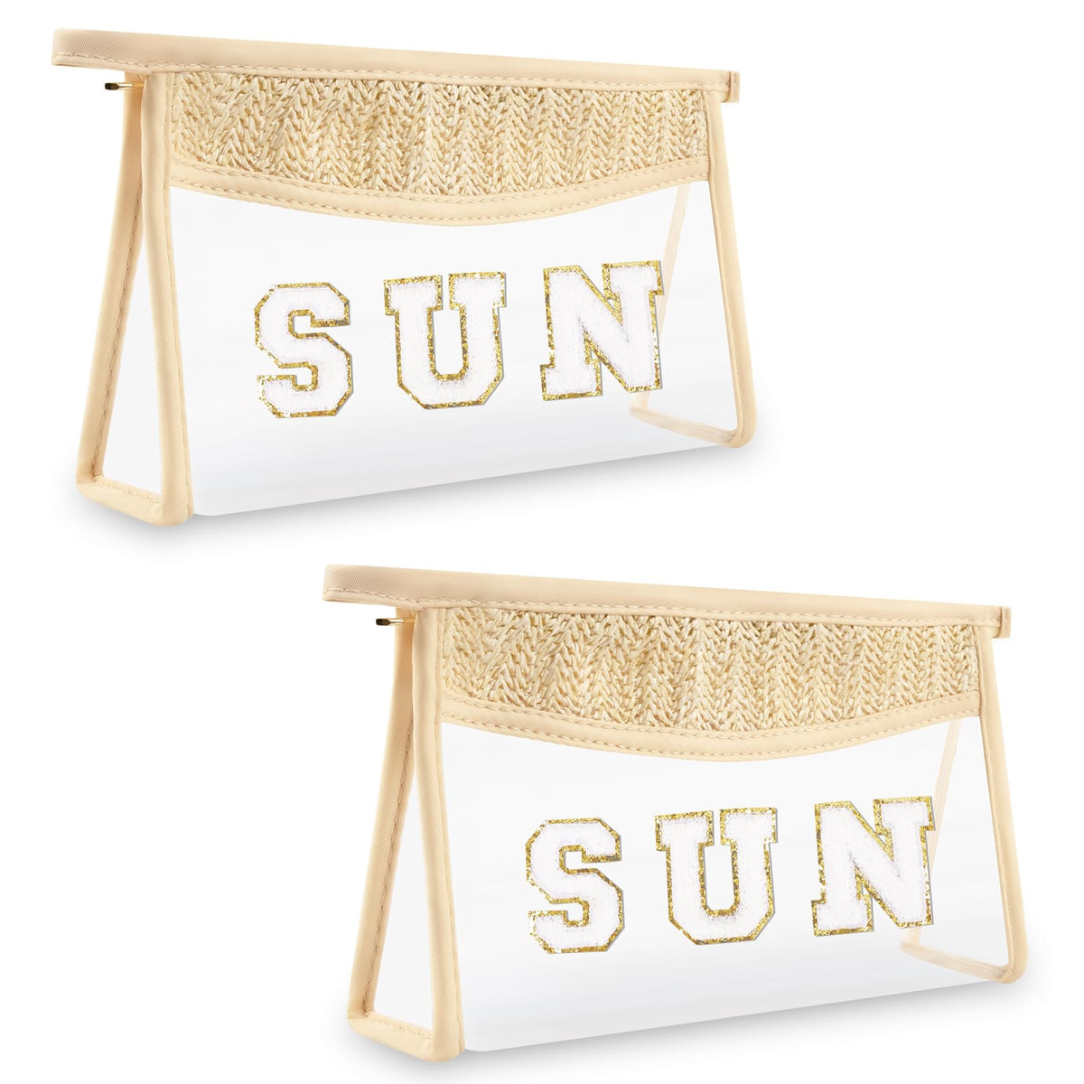 2 Pcs Boho Straw Clear Makeup Letter Bag BEACH Pouch, Sunscreen Bags for Beach Travel Small Cute Chenille Letter SPF Bag Pouch,Waterproof Beach Toiletry Sun Bag Best Beach Accessories for Women(SUN)