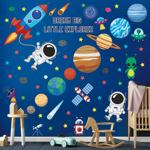 DECOWALL DS9-8058 Outer Space Wall Decals Stickers Kids Bedroom Room dÃƒÂ©cor Nursery Boys Galaxy Stars Astronaut Planets Solar System Dark Removable Decoration Living Spaceship Window Art Mural Peel