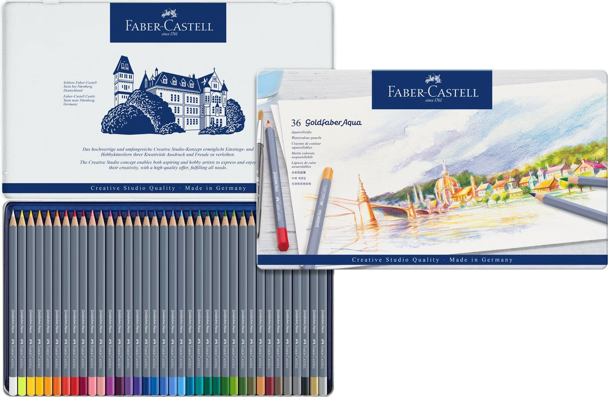 Faber-Castell Creative Studio Goldfaber Aqua Watercolour Pencil, Multicoloured (Multicoloured) Tin Of 36 Pencils, For Art, Craft, Drawing, Sketching, Home, School, University, Colouring