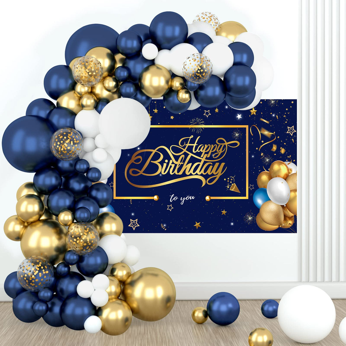 Navy Blue Balloon Arch Kit with Happy Birthday Backdrop,98Pcs Navy Blue and Gold Balloon Garland Arch Kit with White Gold Birthday Balloon for Men Boy Birthday Party Decoration,Baby Shower,Space Party