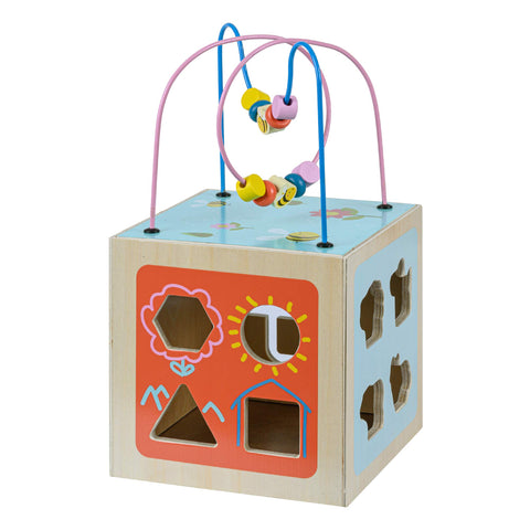 Teamson Kids Preschool 5 in 1 Wooden Activity Cube, Multifunctional-Play Educational Toy, Bead Abacus Maze, Colour Shape Sorter