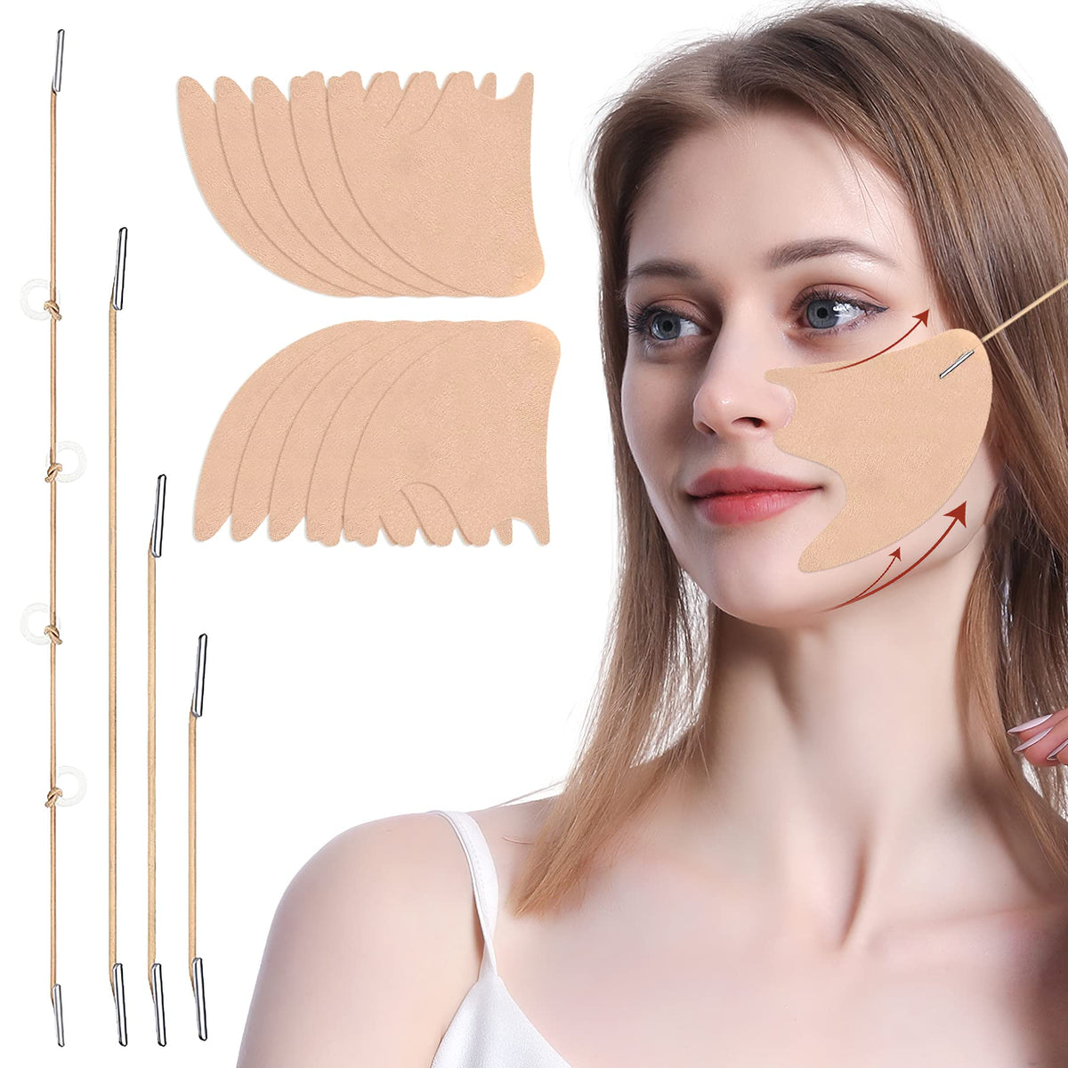 Face Lift Tapes Smile Lines Wrinkles Patches, Face Stickers Nasolabial Fold Lift Tape Home Use for Smooth Smile Lines (4pcs fixed ropes, 5 pairs replacement tapes) (Skin Tone Fabric)