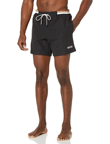BOSS Men's Standard Signature Stripe Swim Trunk, Onyx Black/Sepia/Salt, XXL