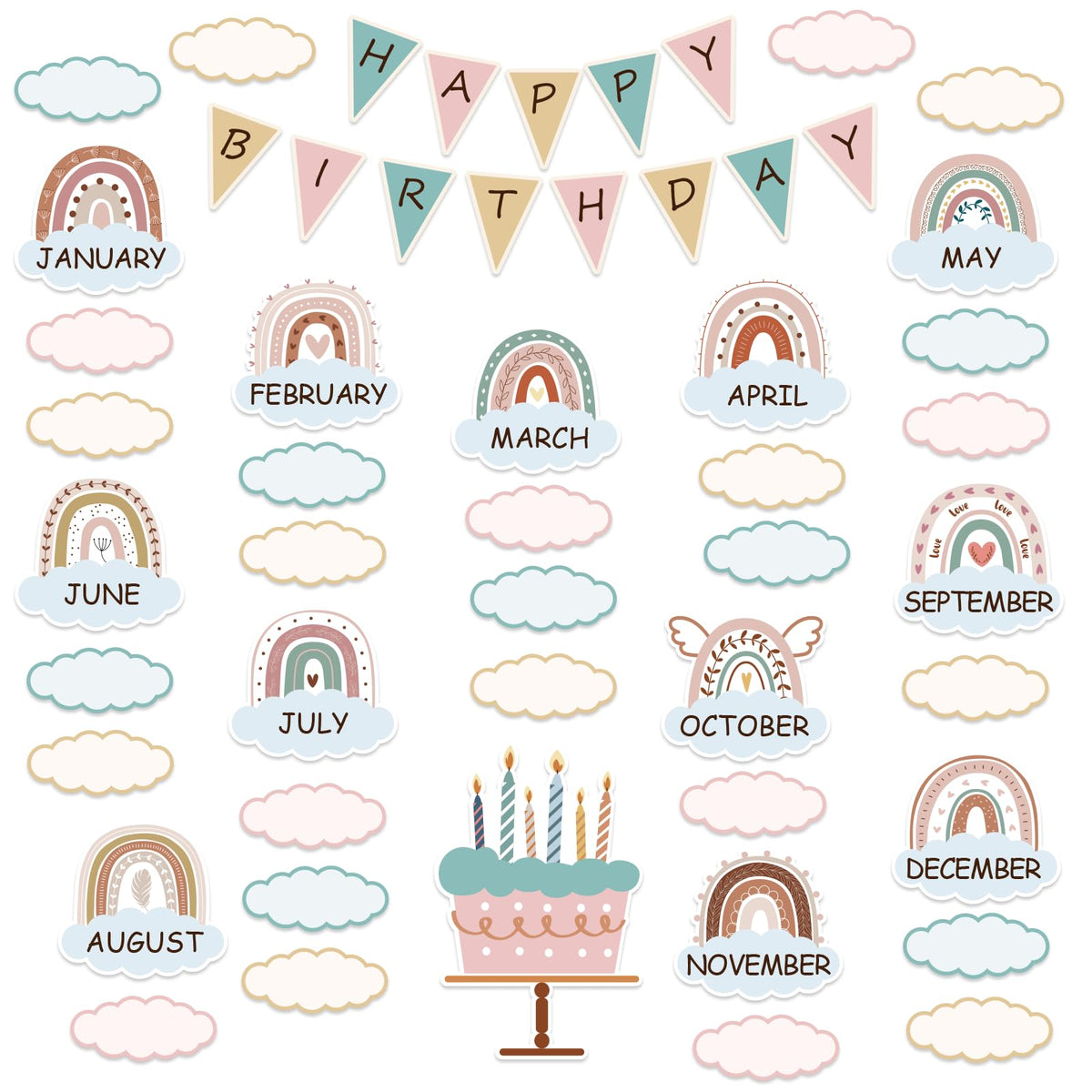 NBjiuyin Boho Bulletin Board Decorations Set Classroom Decor Boho Rainbow Birthday Chart Bulletin Board Decorations Wall Decoration Cutouts for School Bulletin Calendar Birthday (Cloud)
