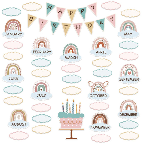 NBjiuyin Boho Bulletin Board Decorations Set Classroom Decor Boho Rainbow Birthday Chart Bulletin Board Decorations Wall Decoration Cutouts for School Bulletin Calendar Birthday (Cloud)