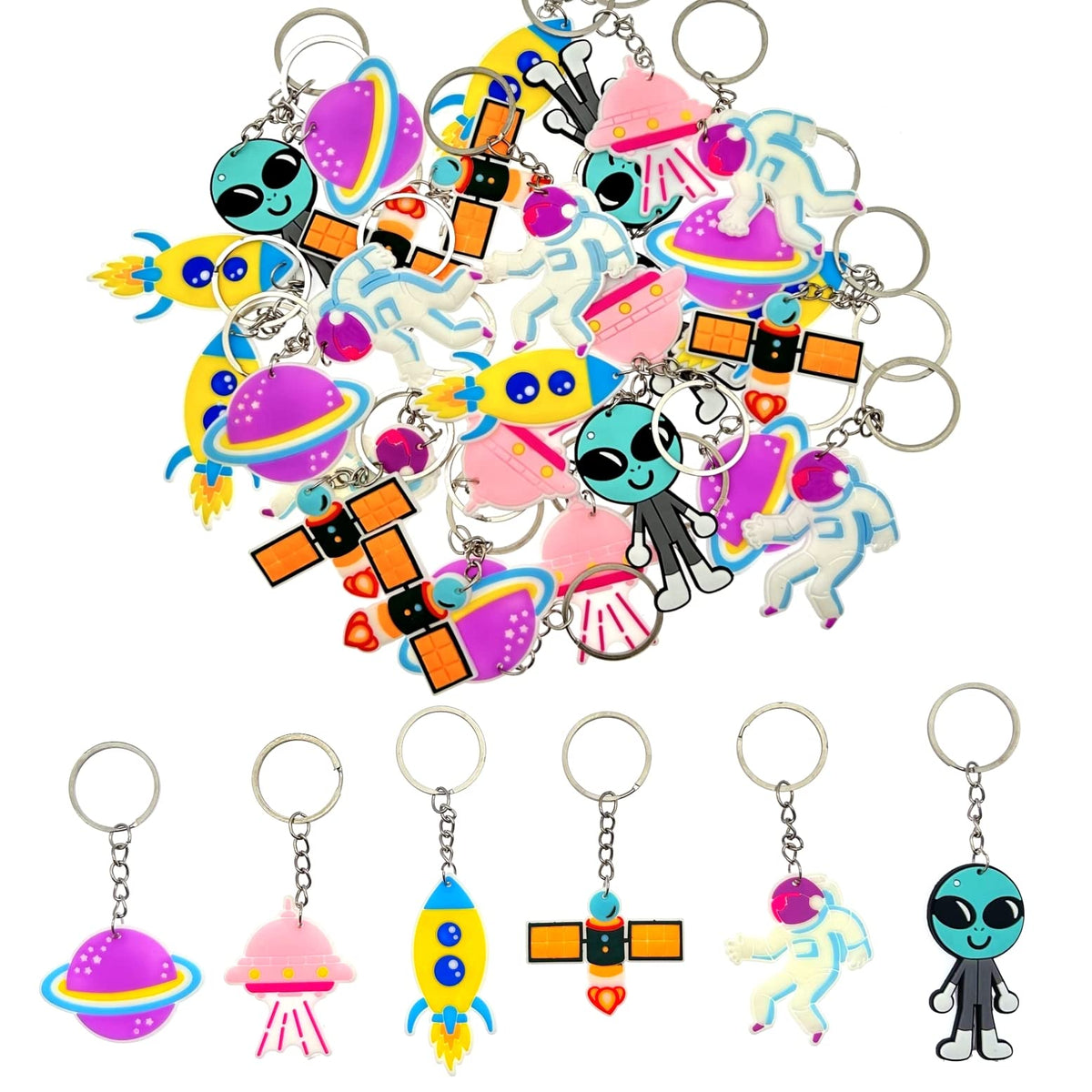 JZK 30x Astronaut themed party decorations, space themed party accessories, UFO Alien Rocket keyrings keychain set, children birthday party favours, kids party thankyou gift