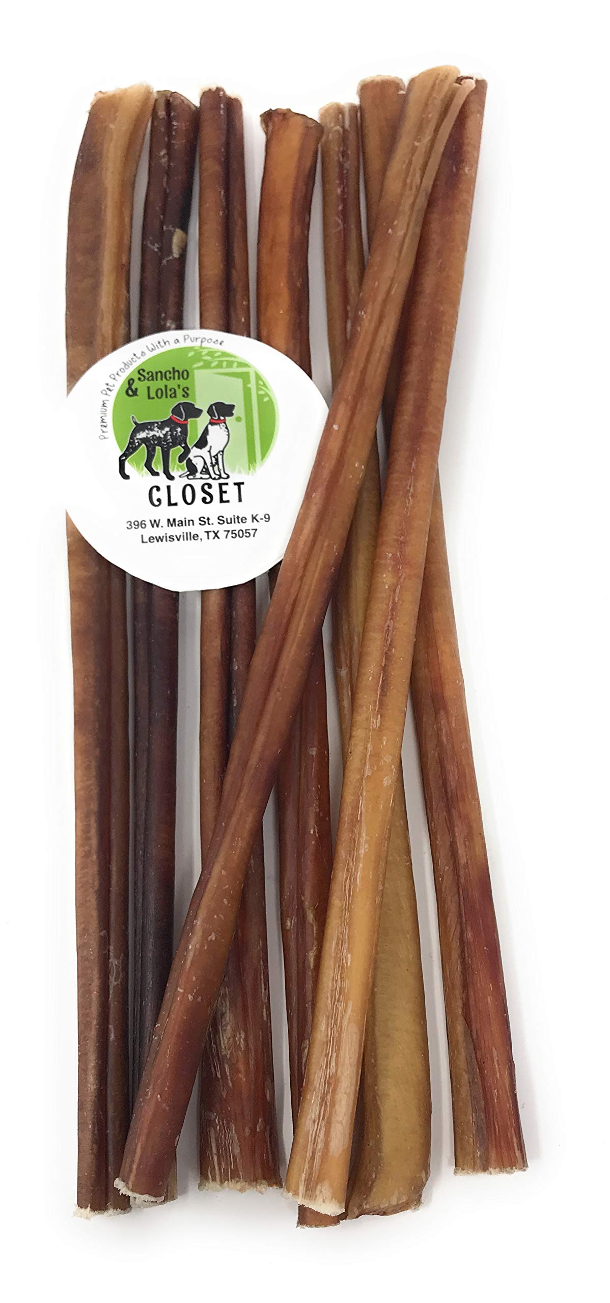 Sancho & Lola's Bully Sticks for Dogs - 12-inch Thin (10 Count) Grass-Fed Free-Range Grain-Free High Protein Beef Dog Chews