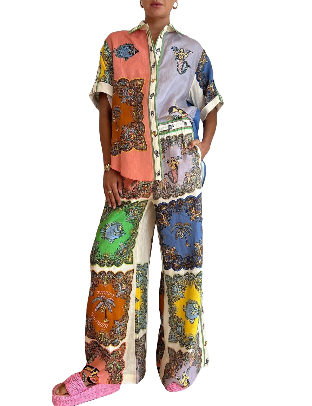 Gratoryna Womens 2 Pieces Linen Macthing Set Printed Boho Summer Sets Short Sleeve Tops Wide Leg Pants Set(Orange-S)