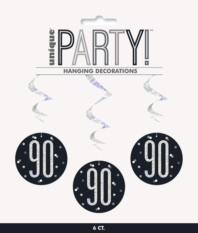 Unique 83791 Black Prismatic 90th Birthday Hanging Decorations,32" 6 Pcs, Age 90