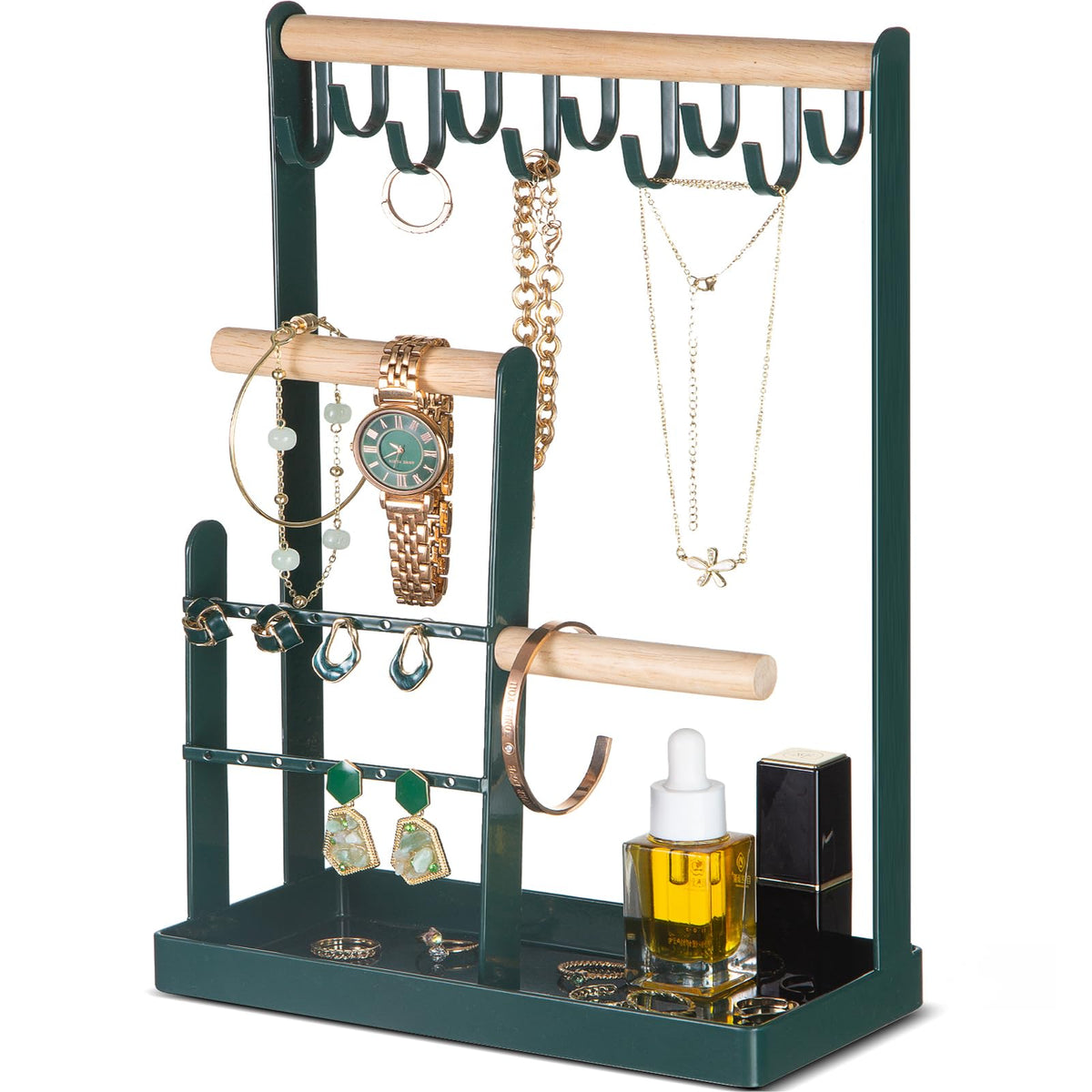 ProCase Jewelry Organizer Jewelry Stand Jewelry Holder Organizer, 4-Tier Necklace Organizer with Ring Tray, Small Cute Aesthetic Jewelry Tower Storage Rack Tree for Bracelets Earrings Rings -Green