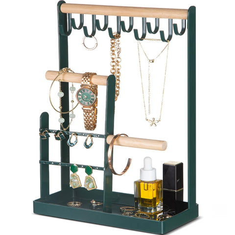 ProCase Jewelry Organizer Jewelry Stand Jewelry Holder Organizer, 4-Tier Necklace Organizer with Ring Tray, Small Cute Aesthetic Jewelry Tower Storage Rack Tree for Bracelets Earrings Rings -Green