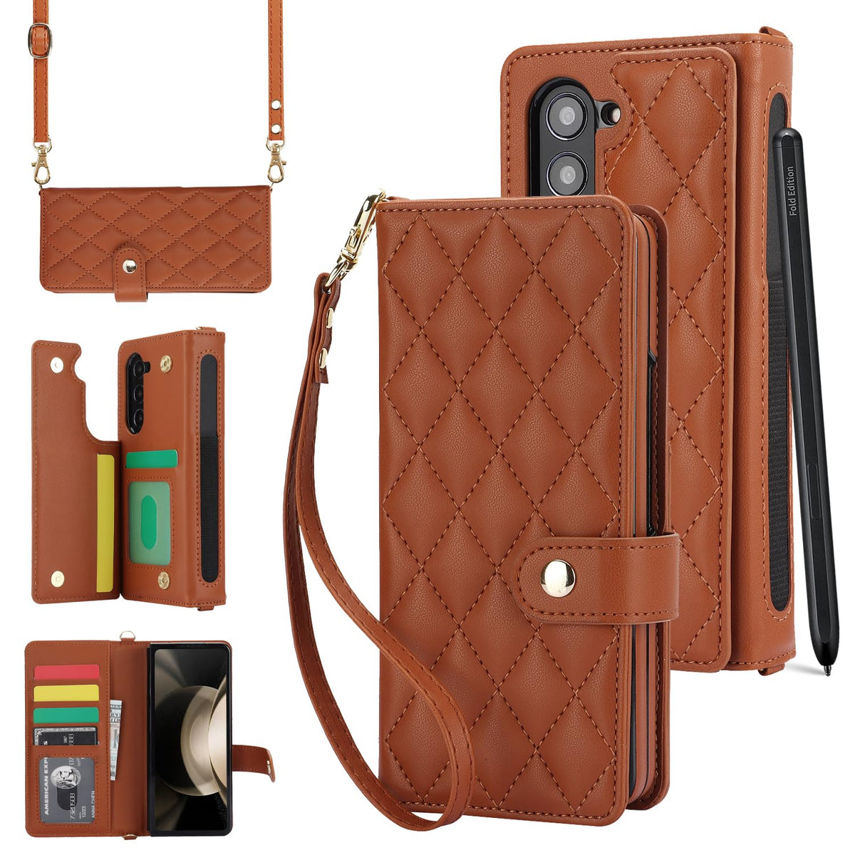 XIMAND for Samsung Galaxy Z Fold 6 Wallet Case with 6 Credit Card Slots and S-Pen Slot,RFID Blocking,Multi Card Luxurious Leather Magnetic Clasp Kickstand Cover.(Brown)