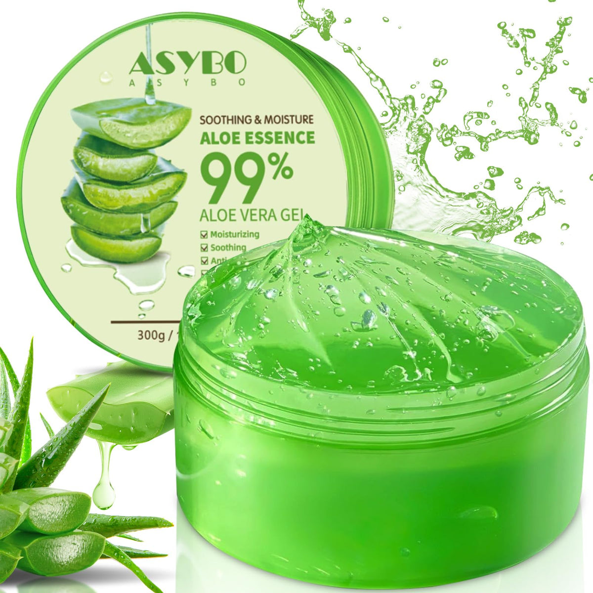 ASYBO 300 ML Aloe Vera Gel - 99% Organic Pure Aloe Vera Hydrating Moisturizer, Natural Aloe Cream for Dry Skin, Sunburn, Acne