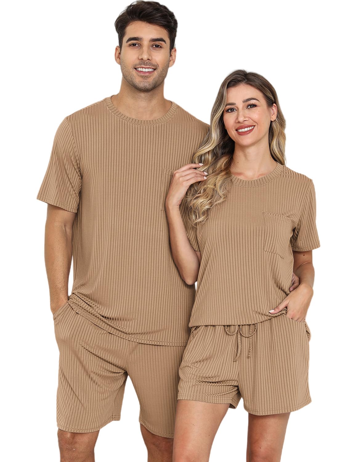 EISHOPEER Men's Pajama Set Pajamas for Men 2 Piece Short Sleeve Mens Sleepwear Set with Crewneck Top and Shorts Khaki X-Large