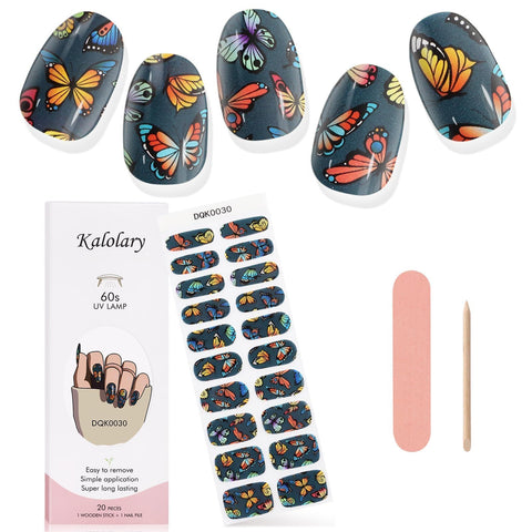 Kalolary Butterfly Gel Nail Polish Strips, Black Nail Gel Art Sticker Waterproof Full Nail Wraps Decal Kits for DIY Summer Nail Art, Includes Cuticle Stick, Nail File