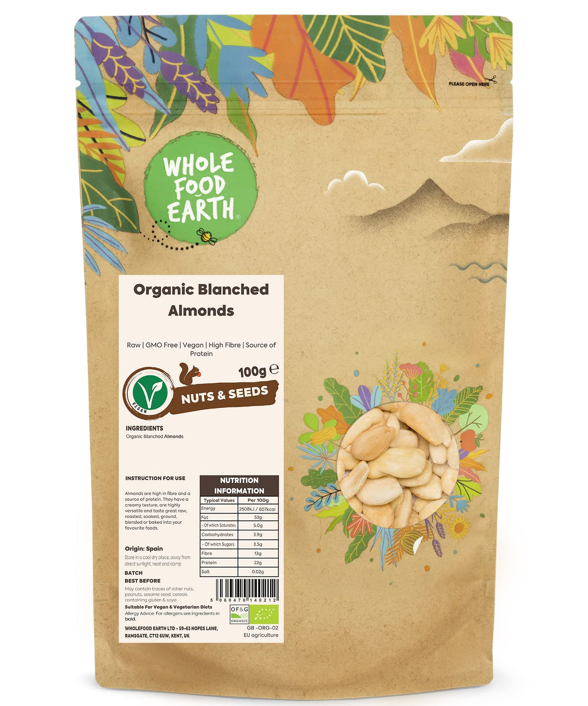 Wholefood Earth Organic Blanched Almonds - 100g | Raw | GMO Free | Vegan | High Fibre | Source of Protein | Certified Organic