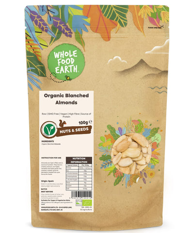 Wholefood Earth Organic Blanched Almonds - 100g | Raw | GMO Free | Vegan | High Fibre | Source of Protein | Certified Organic