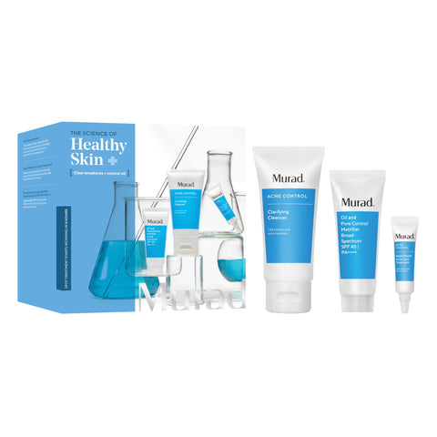 Murad Clear Breakouts + Control Oil - 3-Piece Trial Kit ($50 Value) - Acne Fighting Kit - Clarifying Cleanser 2Fl Oz, Rapid Relief Acne Treatment 0.25Fl Oz, Oil & Pore Mattifer SPF 45 0.8Fl Oz