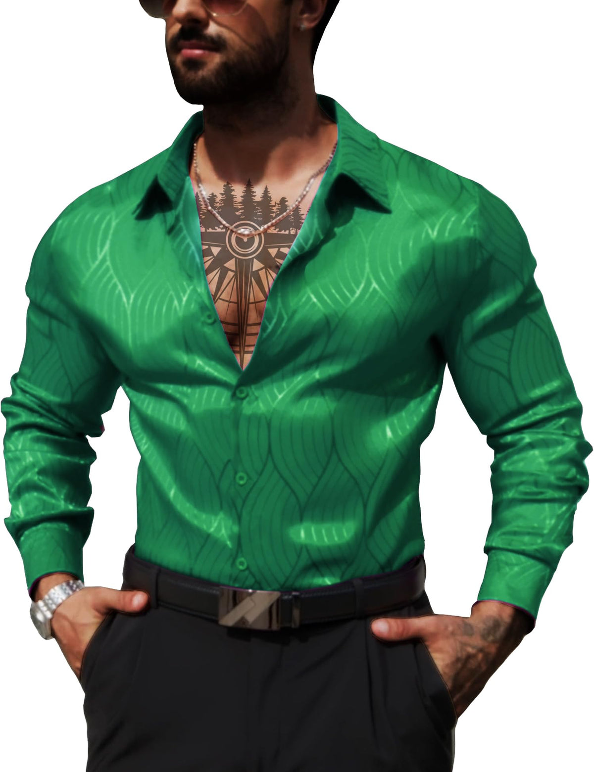 ZSJR Men's Luxury Satin Dress Shirt Shiny Silk Long Sleeve Button Up Shirts Wedding Shirt Party Prom Green