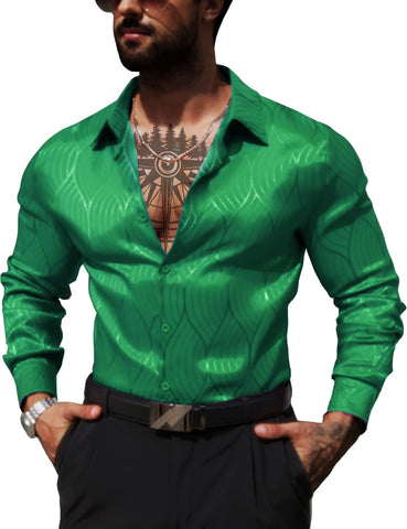 ZSJR Men's Luxury Satin Dress Shirt Shiny Silk Long Sleeve Button Up Shirts Wedding Shirt Party Prom Green