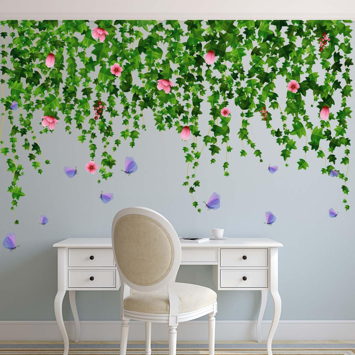 Amimagen Green Hanging Vine Flower Wall Stickers - Nature Plants Floral Leaves Wall Decals - Bedroom Living Room Sofa TV Background Home Wall Stickers