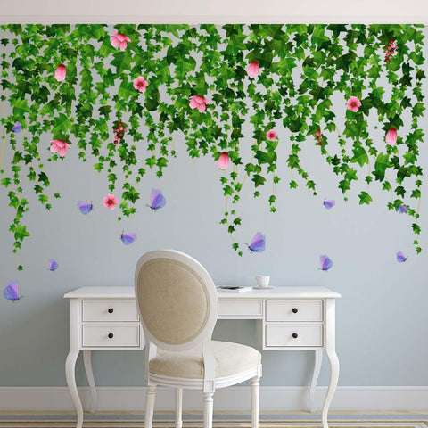 Amimagen Green Hanging Vine Flower Wall Stickers - Nature Plants Floral Leaves Wall Decals - Bedroom Living Room Sofa TV Background Home Wall Stickers