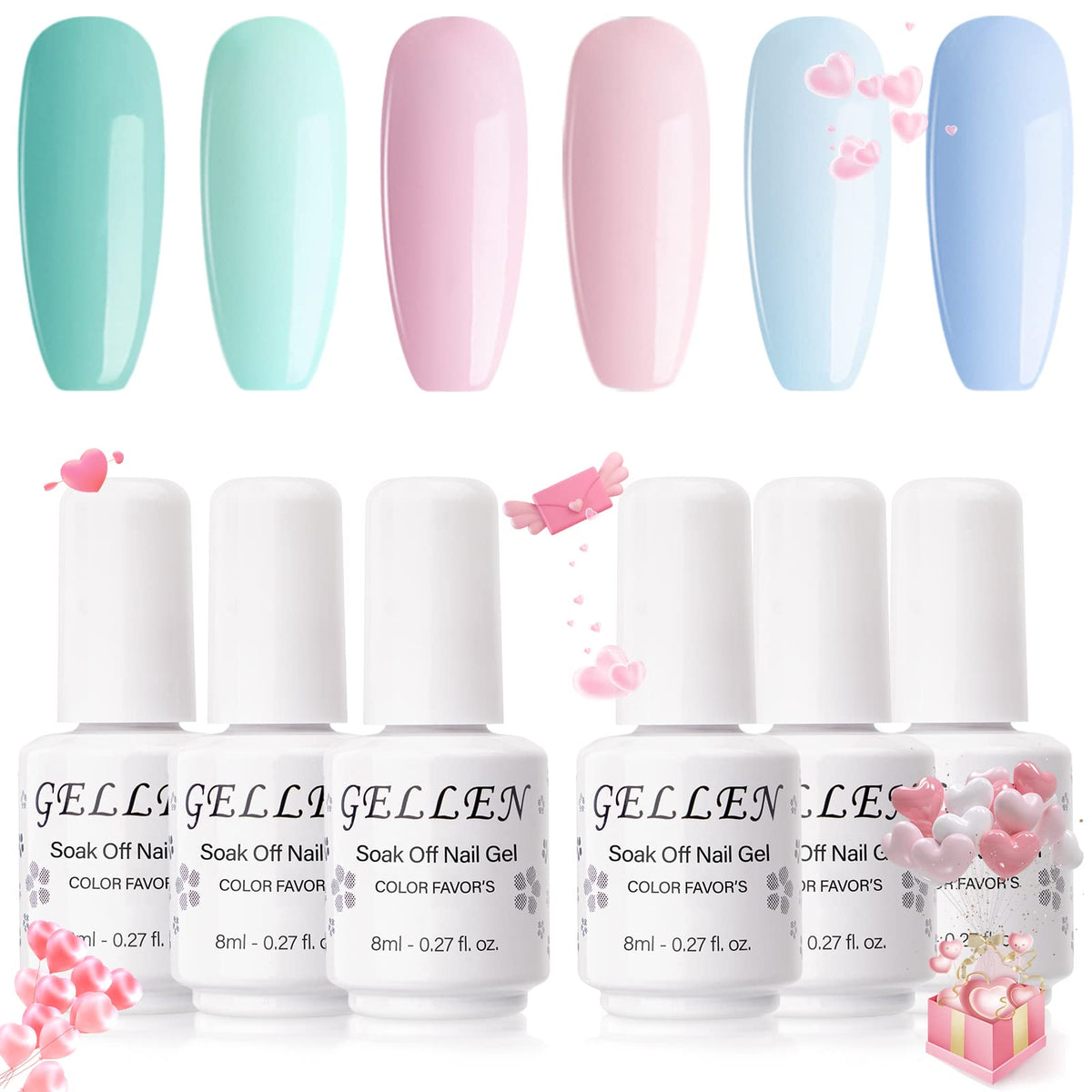 Gellen Gel Nail Polish Kit- 6 Colors Fresh Summer Series Mint Pink Blue Tones, Pastel Gel Polish - Trendy Nail Art Designs Home/Salon Gel Manicure