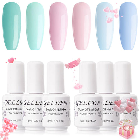 Gellen Gel Nail Polish Kit- 6 Colors Fresh Summer Series Mint Pink Blue Tones, Pastel Gel Polish - Trendy Nail Art Designs Home/Salon Gel Manicure