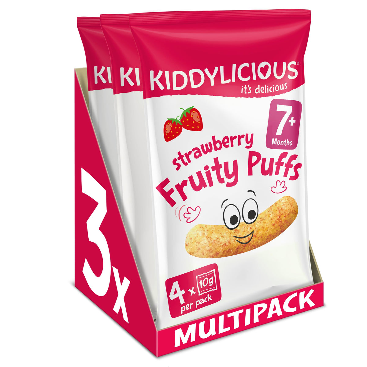 Kiddylicious Strawberry Fruity Puffs - Delicious Snacks for Kids - Suitable for 7+ Months - 3 Packs of 4 (12 Total)