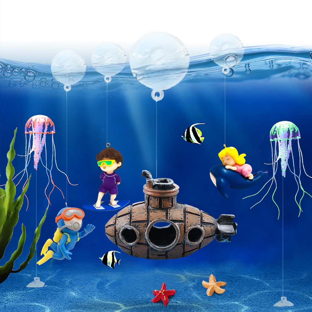 BEZALEL 13PCS Floating Fish Tank Decorations Floating Device Fish Tank Accessories Flotating Diver Fake Jellyfish Decorations Starfish Submarine Suitable for Aquarium Fish Tank