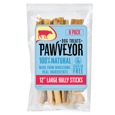 Pawveyor 12 Inch All-Natural Bully Sticks for Large Dogs - Pack of 20 Naturally Scented, GMO-Free, & Fully Digestible Dog Bully Sticks for Large Dogs - Hand-Cut Single Ingredient Bully Sticks